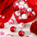 JULMELON 24 Pcs Valentine's Day Ball Ornaments, Red Pink White Heart Decorations with Letters, Plastic Hanging Orbs for Tree Party Supplies Valentine's Day Party Decor
