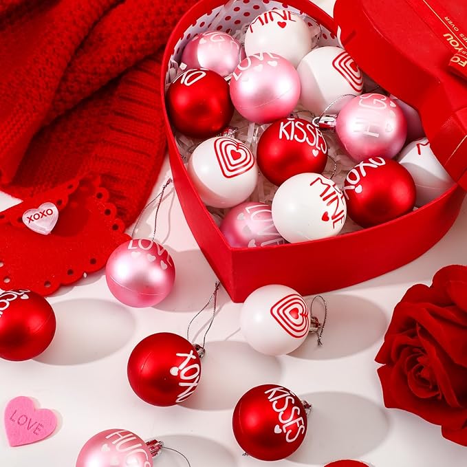 JULMELON 24 Pcs Valentine's Day Ball Ornaments, Red Pink White Heart Decorations with Letters, Plastic Hanging Orbs for Tree Party Supplies Valentine's Day Party Decor