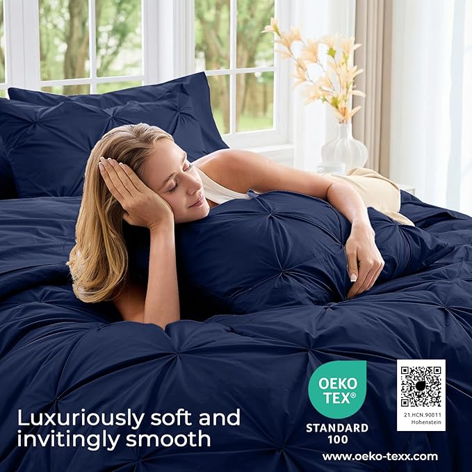 Sasttie Full Size Comforter Set, 7-Piece Bed in a Bag, Pintuck Bedding Sets for All Season, Includes Comforter, Flat Sheet, Fitted Sheet, Pillowcases and Pillowshams, Navy