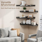 4 Tier Floating Corner Shelves Black Set of 4, Rustic Pine Wooden Floating Corner Wall Shelf for Wall Décor Storage, L Shaped Corner Shelf Wall Mount For Bedroom, Living Room, Bathroom, Kitchen.