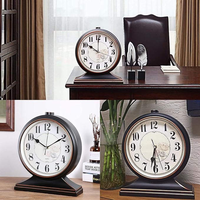 rnuie Desk Clock for Table Decor, Retro Mantel Clock Battery Operated for Fireplace Mantel, Living Room, Bedroom, Office, Desktop Decoration(Black)