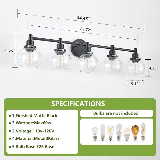 5-Light Bathroom Light Fixture Black Vanity Lights Over Mirror Modern Wall Sconce Farmhouse Vintage Bathroom Vanity Lighting with Glass Shade for Bedroom Hallway Cabinet Bathroom