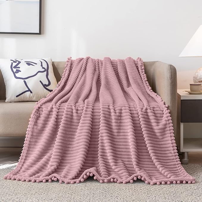 DISSA Fleece Blanket Throw Size – 51x63, Pink – Soft, Plush, Fluffy, Fuzzy, Warm, Cozy – Perfect Throw for Couch, Bed, Sofa - with Pompom Fringe - Flannel Blanket Throw Blanket