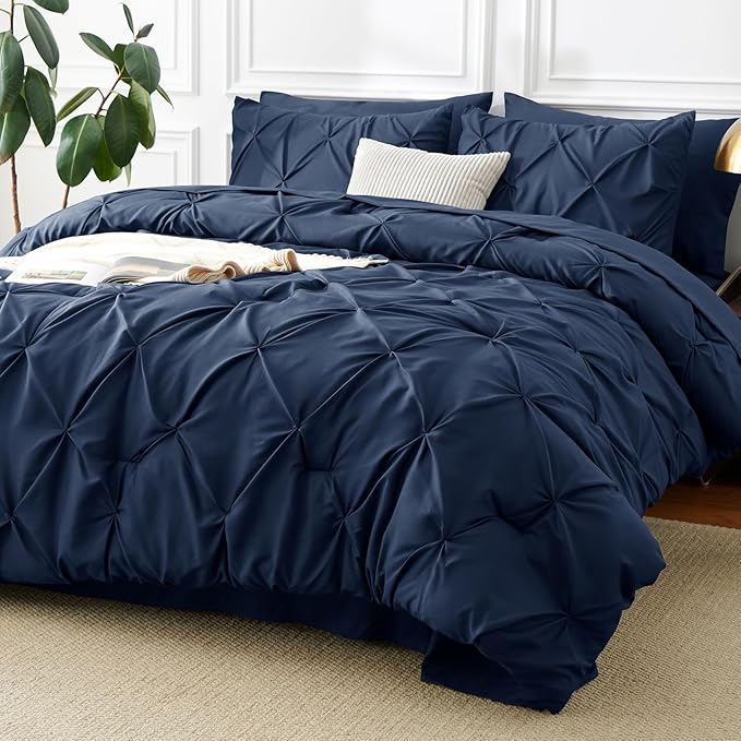 CozyLux Oversized Queen Comforter Sets Navy Blue, 7 Pieces Oversized Queen Pintuck Bed in A Bag, Pinch Pleat Bedding Sets with All Season Comforter, Flat Sheet, Fitted Sheet, Pillowcases & Shams