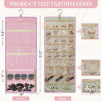 GMAK Hanging Jewelry Organizer with Hanger Metal Hooks, Double-Sided Jewelry Holder Accessories Organizer Storage Roll for Jewelry, Earrings, Bracelets, Necklaces, Rings - Pink