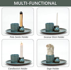 Ceramic Incense Holder Set with Decorative Tray, White, Intricate Pattern Design, 5.9x5.9x2 Inch, for Sticks, Cones, Palo Santo, Sage (Blue)