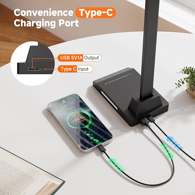 ShineTech LED Desk Lamp for Home Office, Dimmable Desk Light with USB C Charging, 25 Modes Brightness and Colors, Eye Caring Foldable Reading Light, Table Lamp for Study Nightstand