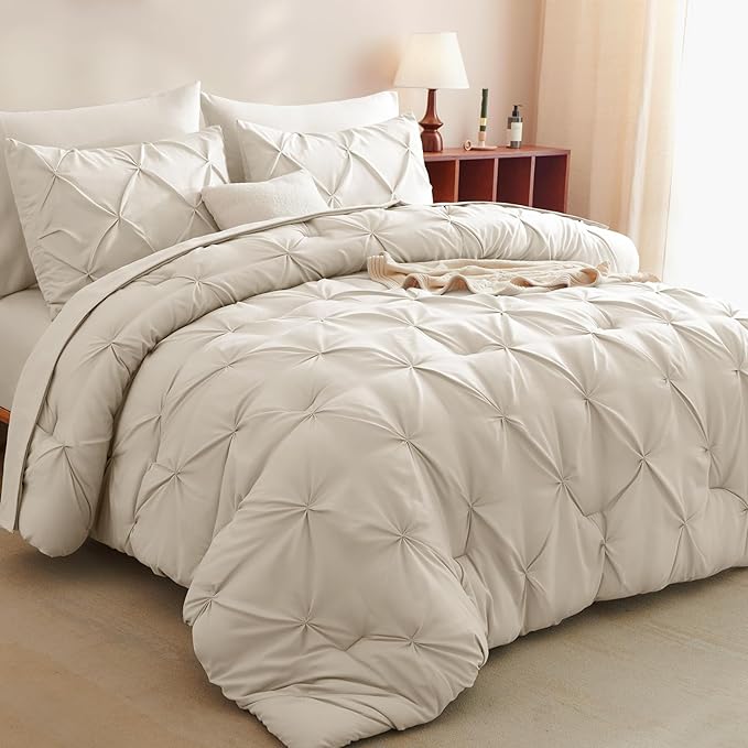 CozyLux Twin XL Comforter Set Beige, 5 Pieces Twin Extra Long Pintuck Bed in A Bag for College Dorm, Pinch Pleat Bedding Set with Comforter, Sheets, Pillowcase & Sham
