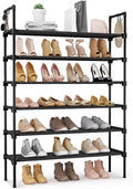 6 Tier Shoe Rack for Closet Shoe Organizer with 5 Hooks, Long Shoe Shelf Storage for Shoe and Boot Stackable Free Standing Shoe Rack for Entryway, Garage, Small Spaces, Dorm, Black