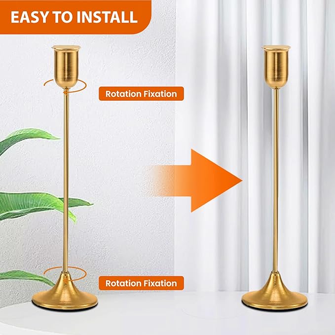 6 Pcs Brass Gold Candle Holders Set, Candelabra Tall Candle Stand, Metal Taper Candlestick Holders for Dining, Table Centerpieces & Vintage Home Decor– Housewarming Gift, Mantel Decor