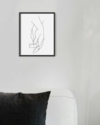 Holding Hands Wall Art Interlocking Fingers Connection Continuous Line Drawing 8x10 Inch Oak Wood Black Framed Modern Minimalist Unity Print for Bedroom