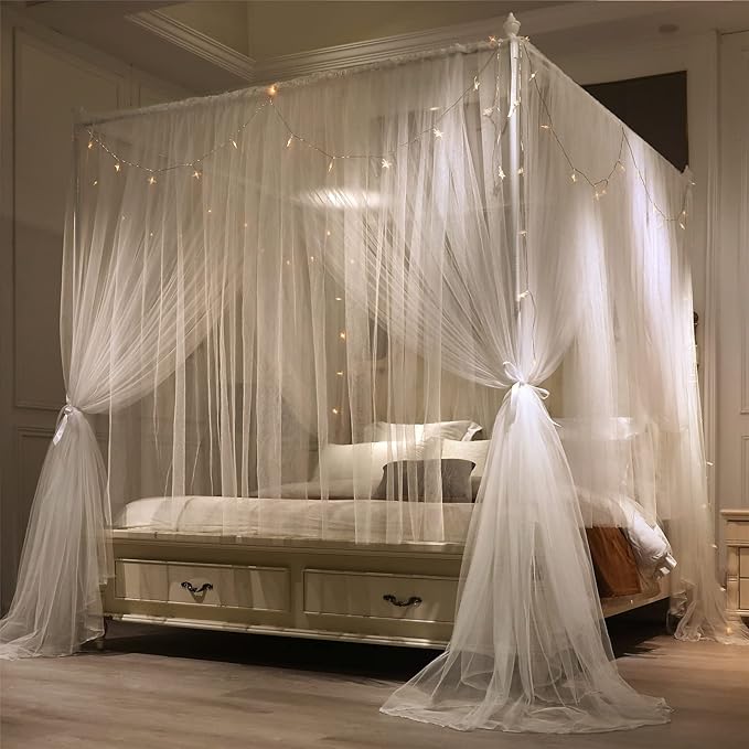 VETHIN 4 Corners Post Princess Bed Canopy Curtain Double Layer Cozy Drape Netting 4 Opening Mosquito Net for Girls & Adults Bedroom Decoration Accessories (Double White, 47" W*78" L*82"*H/Twin)