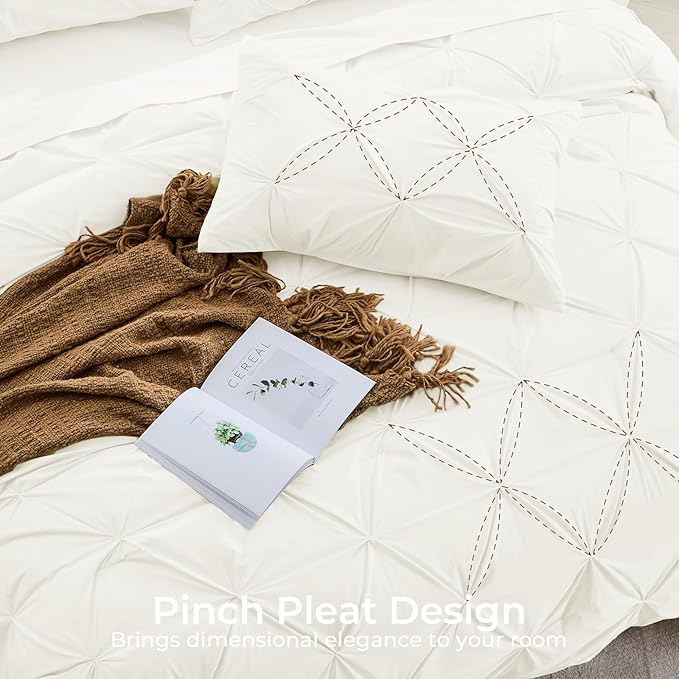 Sasttie California King Comforter Set, 7-Piece Bed in a Bag, Pintuck Bedding Sets for All Season, Includes Comforter, Flat Sheet, Fitted Sheet, Pillowcases and Pillowshams, Ivory