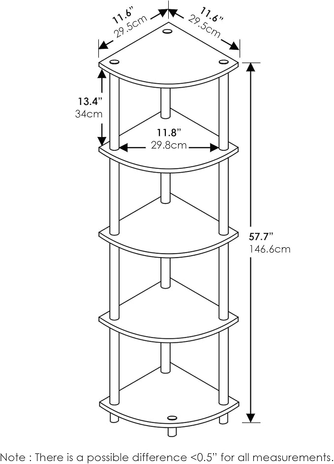 Furinno TURN-N-TUBE Corner Shelf Set of 2, 5-Tier Corner Bookshelf, Open Storage Shelves, for Organization and Storage, Living Room, Home Office, Garage, Walnut