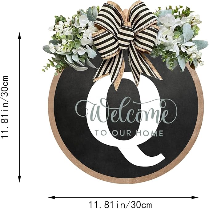 Circular Surname Front Door Welcome Sign - 26 Letter House Wreath, Front Porch Decorations, Year-Round Home Decor (Q)