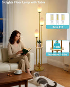 Lightdot Gold Dimmable Floor Lamp with Table, 63IN Mid-Century Oval Floor Lamps with Bulbs Included, 3-Lights Candle Holder Style Modern Tall Standing Lamp for Living Room/Sofa Beside/Corner Decor