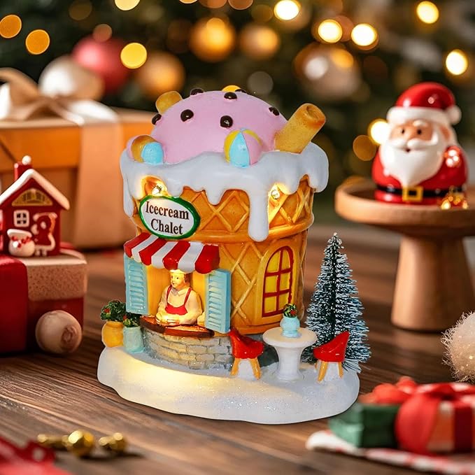 innodept12 Light-Up Gingerbread Village House Christmas Decor – Ice Cream Chalet Collectible Shop Figurine for Indoor Holiday Home Decoration