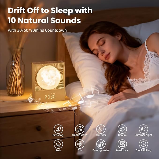 Sunrise Alarm Clocks for Heavy Sleepers,Rotatable Moon Light with Gentle Wake-Up,Clock Night Lamp for Bedrooms - Snooze,10 Light Effects,10 Nature Sounds,15 Ringtones for Adults,Kids,Nursery