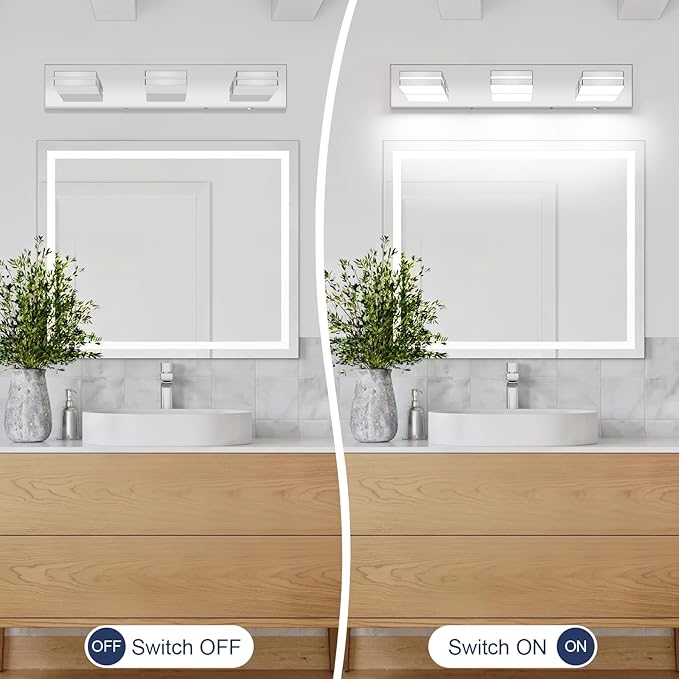 Bathroom Vanity Lighting Fixtures Over Mirror (3-Light, 24-Inch) Modern LED Bathroom Wall Lighting Fixtures, Chrome (Cool White 6000K)