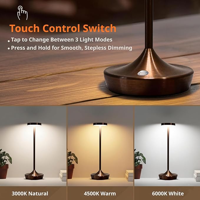 Cordless Table Lamp Rechargeable - 6000mAh LED Battery Operated Table Light - Portable Touch Dimmable Outdoor Waterproof Table Lamps for Patio Bar Restaurant Dining (2 Brown)