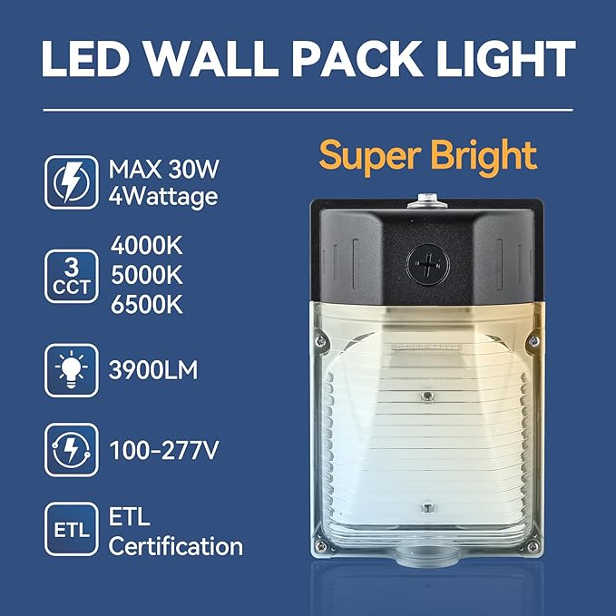 30W LED Wall Pack Light with Dusk to Dawn Photocell 4Pack, 3CCT 4000/5000/6500K, 15/20/25/30W Selectable, LED Wall Lights Outdoor Security Lighting for House Garage Yard Garden, 100-277VAC, ETL Listed