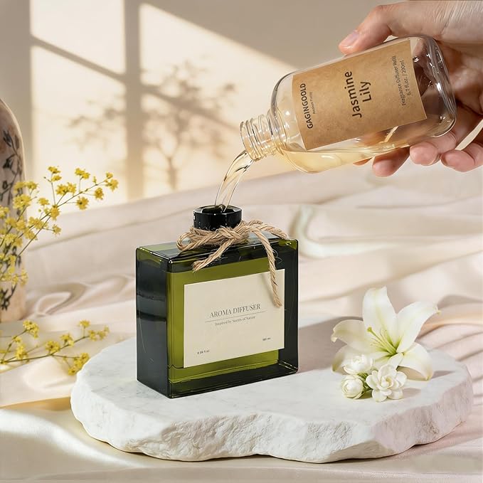 Jasmine Lily Scented Reed Diffuser Oil Refill with 10 Sticks, 120 Days Long Lasting for Home, Elegant Fragrance for Bathroom Bedroom Office Decor Air Fresh, 6.7 fl oz / 200 ml