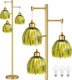 Glass Floor Lamp for Living Room,Bedroom,Gold Mid Century Modern Standing Lamp Brass Tree 3 Light Tall Floor Lamps Vintage Floor Lights Green Tulip Flower Lamp Shade Farmhouse Boho Bohemian