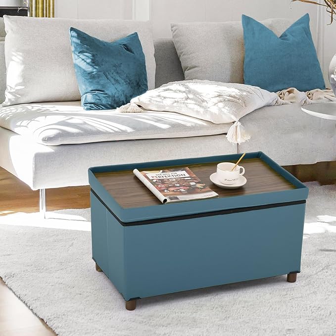 Ottoman Storage Bench for Living Room Storage Ottoman with Tray Bedroom Foot Stool Storage Ottomans Coffee Table Lid Storage Footstool with Legs end of Bed Faxu Leather 30" Inch (D-Blue)