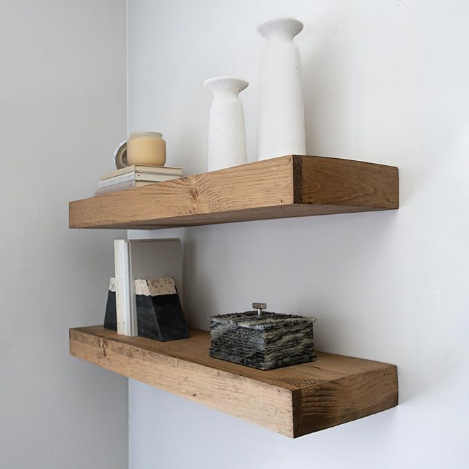 Urbandi Modern Floating Shelves 3 Inches Thick for Wall, Wide Shelves for Kitchen, Living Room, Bedroom, and Bathroom, Natural Pine Wood, Rustic Wooden Shelf, (Set of 2) (Aged Oak, 48Lx3Hx8D)