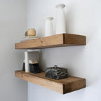 Urbandi Modern Floating Shelves 3 Inches Thick for Wall, Wide Shelves for Kitchen, Living Room, Bedroom, and Bathroom, Natural Pine Wood, Rustic Wooden Shelf, (Set of 2) (Aged Oak, 24Lx3Hx8D)