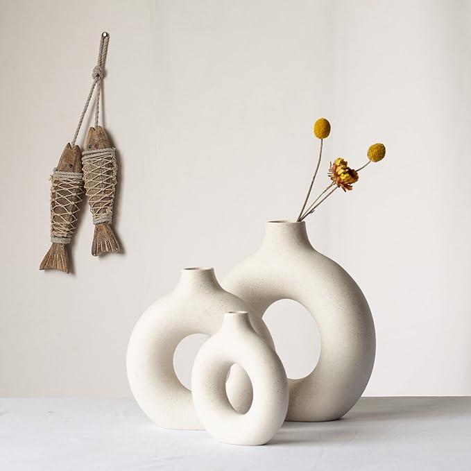 CEMABT Vases for Pampas Grass,2PC Creative Vase Modern Home Decor,Handmade Vase White Ceramic Dried Flowers Crafts Ornaments for Office Home Deco Decoration,Vase Beige