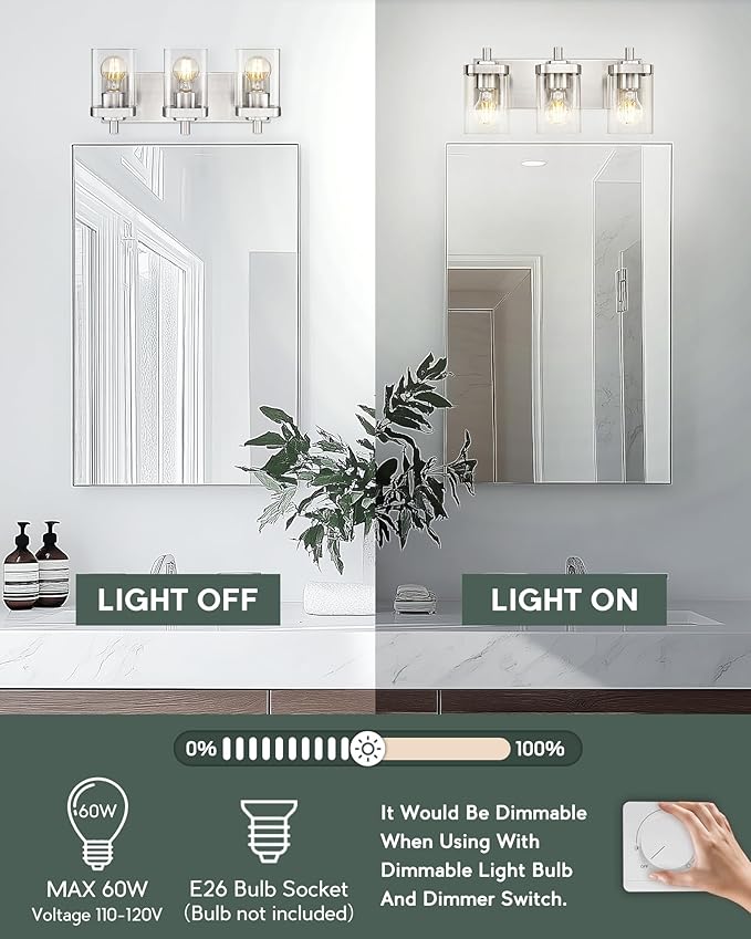 Bathroom Light Fixtures, 3-Light Vanity Light with Square Clear Glass Shade, Brushed Nickel Modern Wall Sconces, Vanity Lighting Fixtures Over Mirror, VL194-BN-3