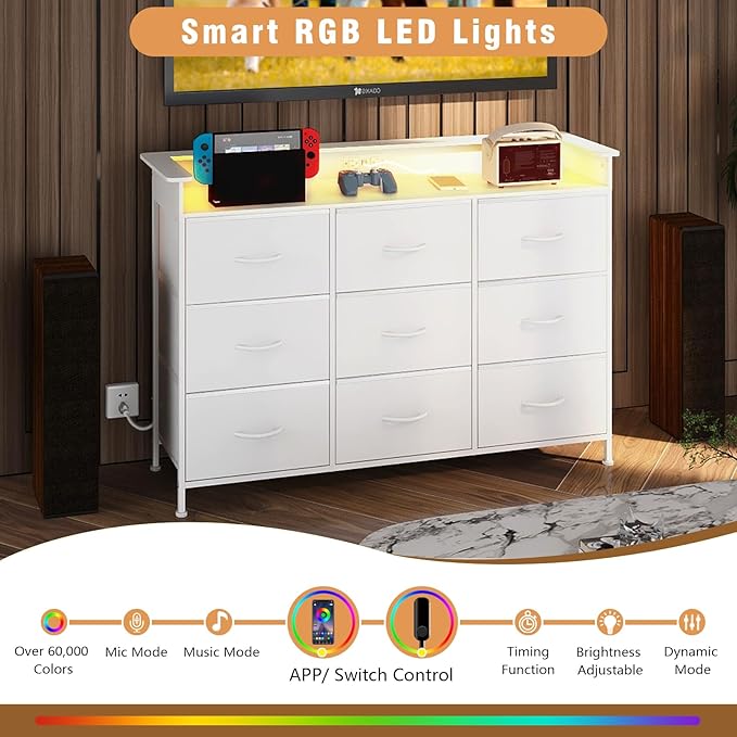 EXOTICA White Dresser with LED Light for Bedroom 9 Drawer Dressers with Charging Station Chests of Drawers for Entryway Closet Living Room Hallway Sturdy Steel Frame Wooden Top Easy Pull Handle