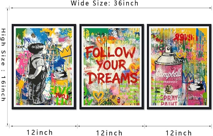 Novatique Banksy Canvas Wall Art Street Graffiti Picture Wall Decor Modern Graffiti Poster Artwork Framed for Living Room Bedroom,12" x 16" x 3Pcs