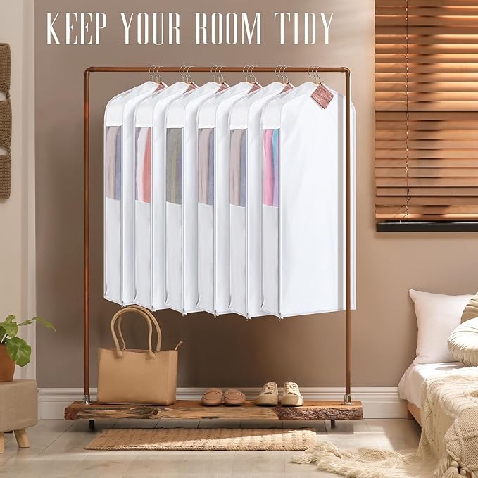 2 Set 40in Short Cotton Garment Bags, 6in Wide Gusset Hanging Storage Clothes with 8 Cedar Blocks, Transparent Mesh Window, Breathable Closet Bags for Fur Coat Suit Sweater Dress, White