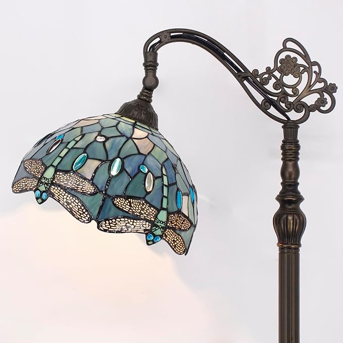 Tiffany Floor Lamp Sea Blue Stained Glass Dragonfly Style 12X12X67 Inch Angle Adjustable Arched Gooseneck Antique Reading Light