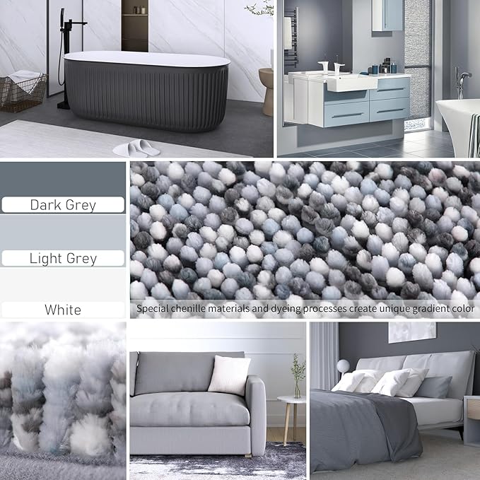 Yimobra Bath Mats for Bathroom Non Slip, 31.5x20, Extra Soft Chenille Bathroom Rugs, Fluffy Plush Luxury Shower Mat Outside, Water Absorbent, Machine Washable, Sink and Tub, Light Grey & Dark Grey