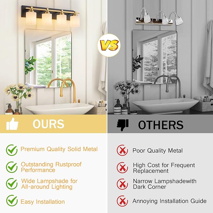 4 Light Modern Bathroom Light Fixtures Over Mirror, Black Gold Vanity Lights for Bathroom Wall Sconces with Milky White Glass Shades, E26 Socket (Bulbs Not Included)