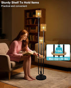 Lightdot Dimmable Boho Floor Lamps for Living Room, 3-Lights Rattan Floor Lamp with Shelves, 3000K Farmhouse Floor Lamp, Rustic Black Standing Lamp with Bulbs Included/Sofa Beside/Corner Decor