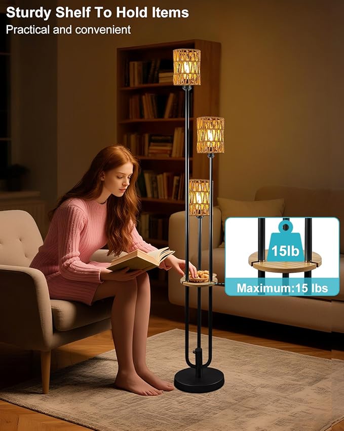 Lightdot Dimmable Boho Floor Lamps for Living Room, 3-Lights Rattan Floor Lamp with Shelves, 3000K Farmhouse Floor Lamp, Rustic Black Standing Lamp with Bulbs Included/Sofa Beside/Corner Decor