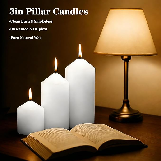 White Pillar Candles Bulk Set of 12, 3 Different Lengths 3 x 3/6/8 Inch (4 Each), Hurricane Candles, Dripless Unscented Smokeless, Gives You a Better Atmosphere When Organizing an Event Party.