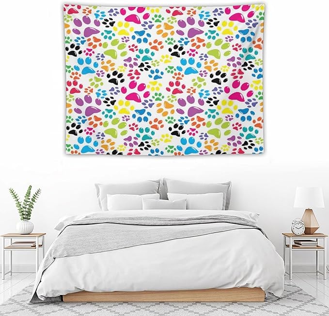 VUMIVI Dog Paw Tapestry Funny Colorful Cartoon Animal Footprints Blue Black Red Tapestry Wall Hanging for Living Room Bedroom Dorm Classroom Aesthetic Decor W40xL30in