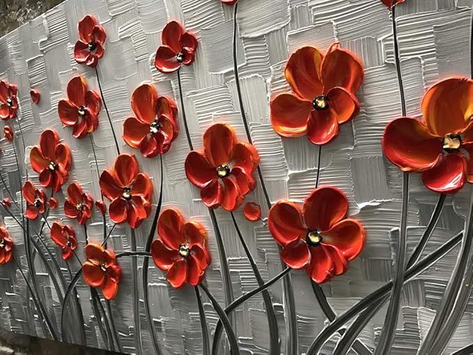 YaSheng Art - Hand painted 3D Oil Paintings On Canvas Red Flowers Paintings Modern Home Decor Abstract Artwork Canvas Wall Art Paintings,Stretched and Framed Ready to Hang 24x48inch