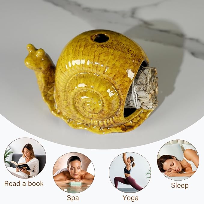 Handcrafted Yellow Ceramic Snail Palo Santo Holder - Mini Fireplace Incense Burner for Sage, Wood Sticks, Cones & Tealights - Unique Aromatic Smudge Bowl for Yoga and Meditation Gifts