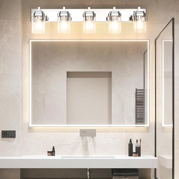 Vanity Light Fixture,5-Light Vanity Light for Bathroom,Chrome Bathroom Vanity Lighting Over Mirror with Square Clear Glass Shade for Restroom