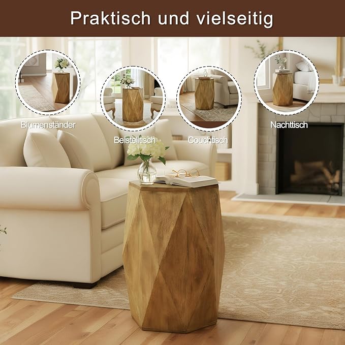 Fully Assembled Round Side Table with Gold Geometric Design & Wave Pattern, Solid Wood End Table Nightstand for Living Room, Bedroom, Office, 18 Inch (Geometric Natural Wood)