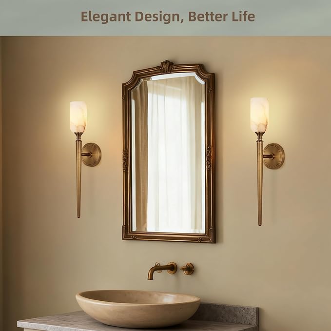 22in Gold Alabaster Wall Sconces Set of 2, Modern Brass Bathroom Sconce Light, Spanish Marble Wall Lamp, Hardwired LED Wall Lighting for Bedroom Living Room Staircase Hallway Dining Room