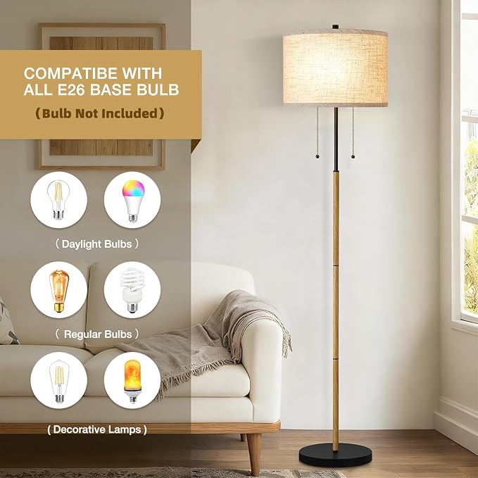 Luvkczc Floor Lamp, 60" Standing Lamp Tall Lamp with Fabric Lampshade&Pull Chain Corner Floor Lamps for Living Room, Bedroom,Office Corner (Wood Grain 2 Bulb Socket)
