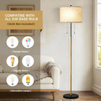 Luvkczc Floor Lamp, 60" Standing Lamp Tall Lamp with Fabric Lampshade&Pull Chain Corner Floor Lamps for Living Room, Bedroom,Office Corner (Wood Grain 2 Bulb Socket)