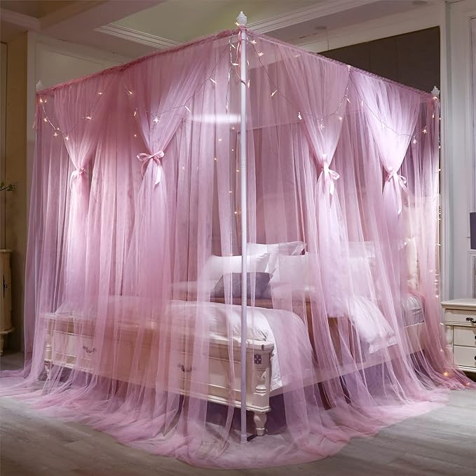 VETHIN 4 Corners Post Princess Bed Canopy Curtain Double Layer Cozy Drape Netting 4 Opening Mosquito Net for Girls & Adults Bedroom Decoration Accessories (Double Pink, 64" W*82" L*82"*H/(Queen))
